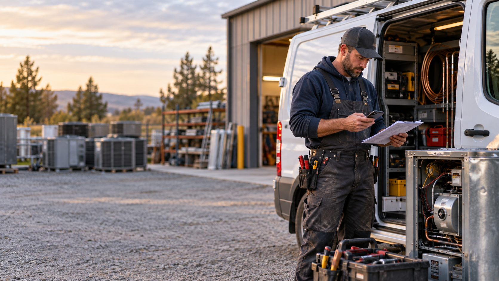 HVAC technician working on rooftop units, representing the Snag-to-Strategy HVAC edition